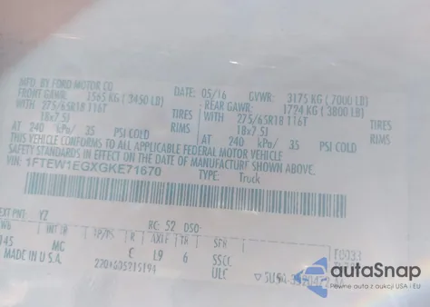 2016 Ford F-150 Xlt из США, поврежденный, VIN 1FTEW1EGXGKE71670